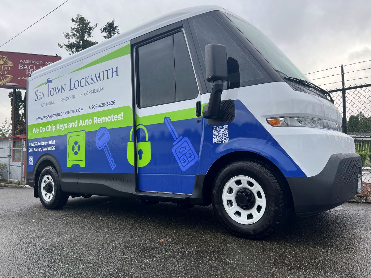 Seatown Locksmith Chevy BrightDrop service van — featured on the cover of Locksmith Ledger International May 2026