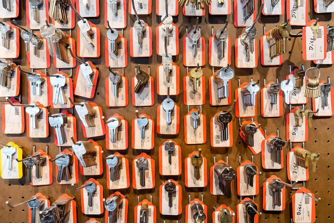 Seatown Locksmith key blank wall — hundreds of key types in stock